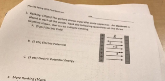 Phys222 Spring 2019 Final Em . Ranking: (15pts) The picture shows a parallel plate capacitor. An electron i placed at each of