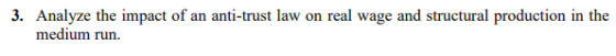3. Analyze the impact of an anti-trust law on real wage and structural production in the medium run.