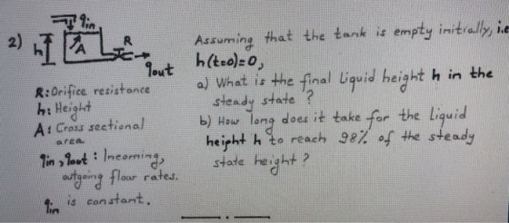 デ9in 2)Assuming that the tank is empty intrelly, i that the tank is empty initrally ie R:0rifice resistance a What is the fin