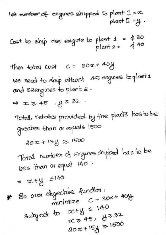 let number of engunes ehupped to plant plant Cost to shup engute to plant plant 30 one 40 2 then total Cost 40y We need to sh