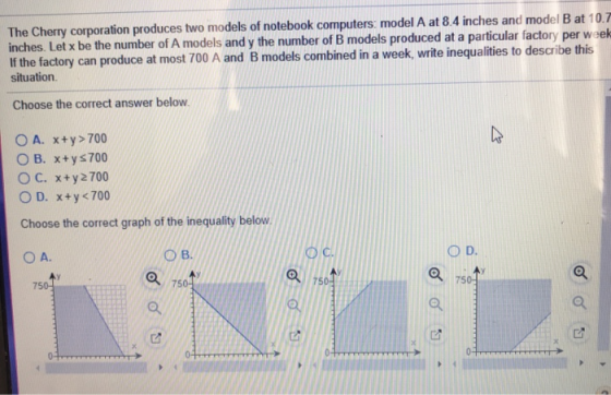The Cherry corporation produces two models of notebook computers: model A at 8.4 inches and model B at 10.7 inches. Let x be