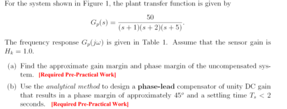 For the system shown in Figure 1, the plant transfer function is given by 50 Gp(s) = 1s + 1)(s + 2)(s+5) ( The frequency resp