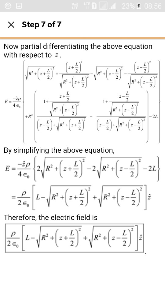23% 08:56 X Step 7 of 7 Now partial differentiating the above equation with respect to z Z + 4 e R22 2L By simplifying the ab