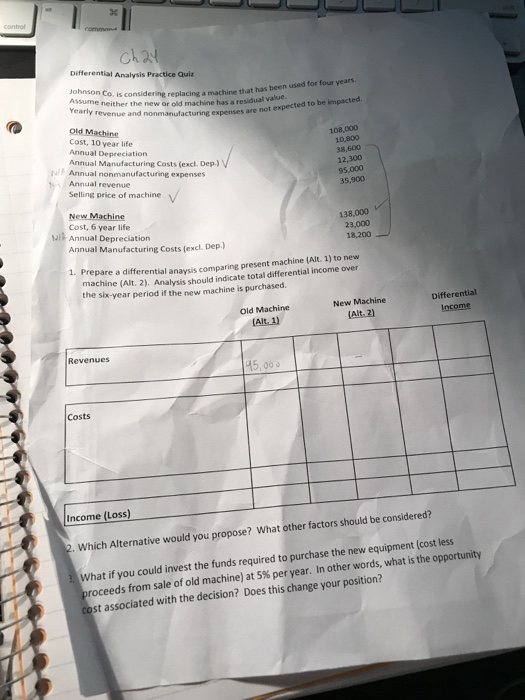 Differential Analysis Practice Quiz replacing a machine that has been used for four years. e neither the new or old machine h