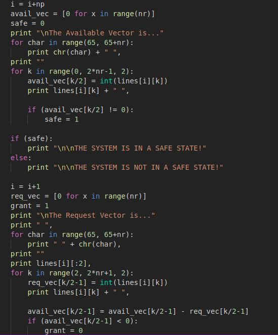 avail_vec [0 for x in range(nr)] safe print nThe Available Vector is... for char in range (65, 65+nr): print chr(char) + ,