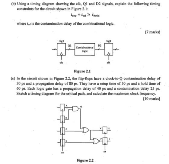 (b) Using a timing diagram showing the clk, Q1 and D2 signals, explain the following timing constraints for the circuit shown