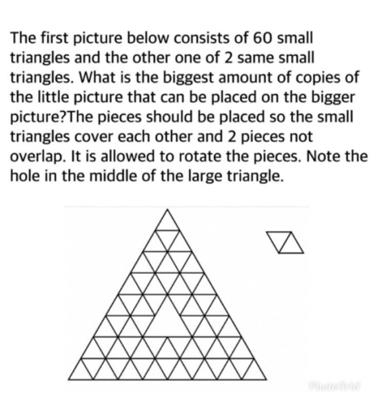 The first picture below consists of 60 small triangles and the other one of 2 same small triangles. What is the biggest amoun