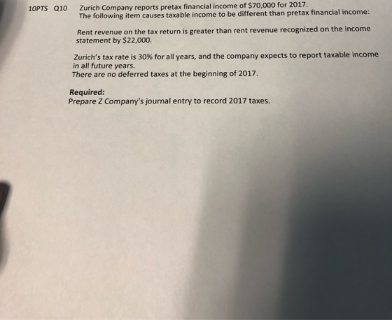 Zurich Company reports pretax financial income of $70,000 for 2017. The following item causes taxable income to be different