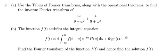 9. (a) Use the Tables of Fourier transforms, along with the operational theorems, to find the inverse Fourier transform of iw