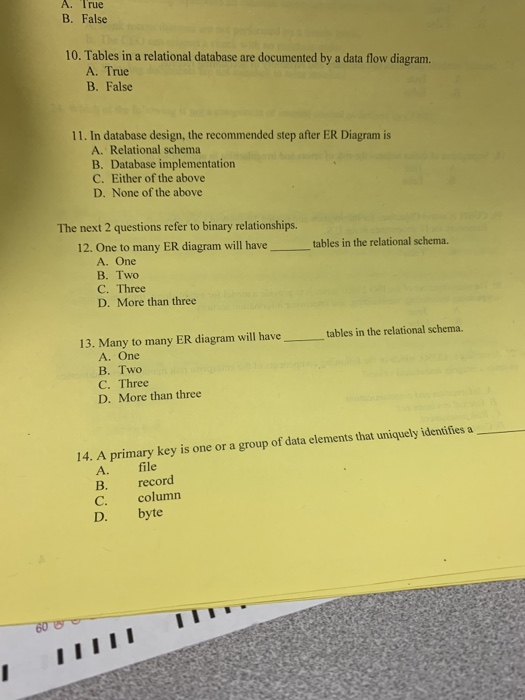 A. True B. False 10. Tables in a relational database are documented by a data flow diagram. A. True B. False 11. In database