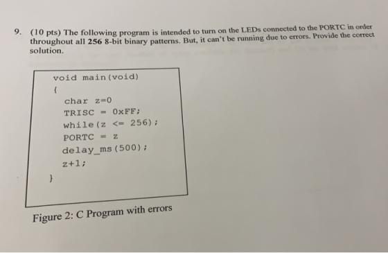 9. (10 pts) The fol lowing program is intended to turn on the LEDs connected to the PORTC in order 11 256 8-bit binary patter