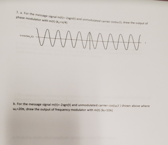 3. a. For the message signal m(t)-2sgnit) and unmodulated carrier cos(u,ti, draw the output of phase modulator with m(t) (n/4