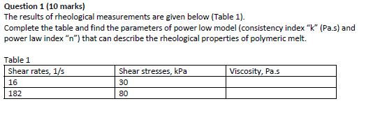 Question 1 (10 marks) The results of rheological measurements are given below (Table 1) Complete the table and find the param
