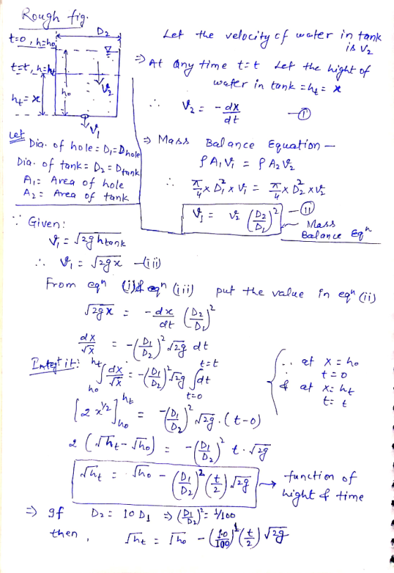 Rough fig ater in tank velocity ef Let the to , hzho Lef the any wefer in tnk h X Hme t-t hight of t-t, hih V2 - dx dt Bal an