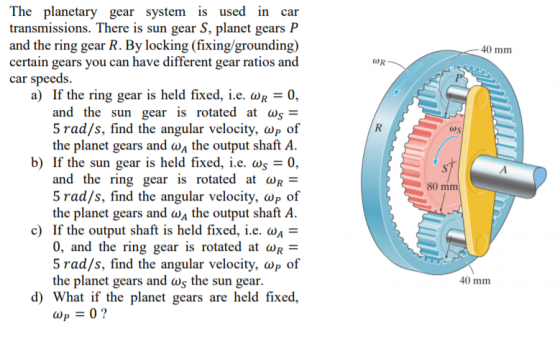 The planetary gear system is used in car transmissions. There is sun gear S, planet gears P and the ring gear R. By locking (