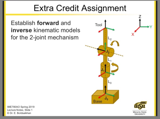 Extra Credit Assignment Establish forward and inverse kinematic models for the 2-joint mechanism Tool し2 L1 Lo Base IME780AO