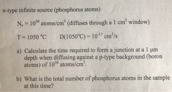 n-type infinite source (phosphorus atoms) No 100 atoms/cm (diffuses through a 1 cm window) D(1050°C) 1013 cm2/s T 1050 °C a)