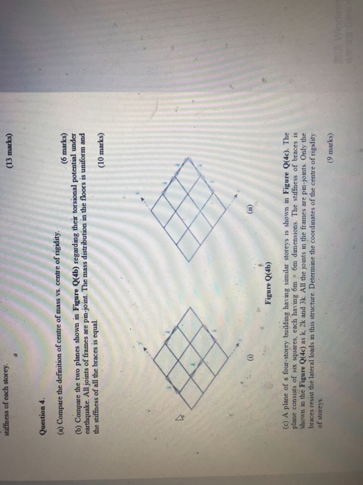 stiffness of each storey (13 marks) Question 4 () Compare the defimition of centre of mass vw. centre of rigidity (6 marks (b