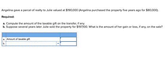 Angelina gave a parcel of realty to Julie valued at $190,000 (Angelina purchased the property five years ago for $80,000). Re