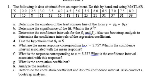 1. The following is data obtained from an experiment, Do this by hand and using MATLAE 2.5 a. Determine the equation ofthe le