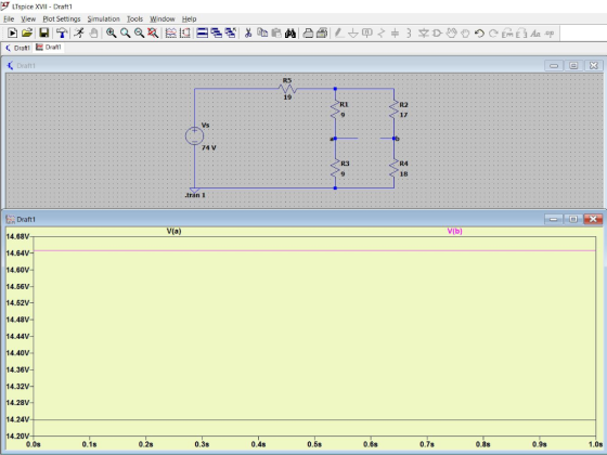 LTspice XVII - Draftl File View Plot Settings Simulation Iools Window Help Drat1 Draft1 Draft1 R5 19 R1, R2 9 Vs 74 V R4 18 R