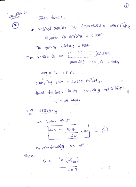 solu ho Given data uier ha transmissivity 200 f t¾ay Co-e隕欿0+ storage 0. 0005 . ご The quifree thicknes こ100Ft pumping we nche
