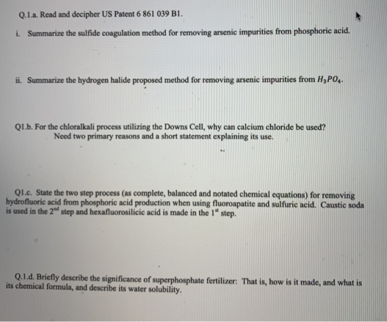 Q.1.a. Read and decipher US Patent 6 861 039 BI. i. Summarize the sulfide coagulation method for removing arsenic impurities