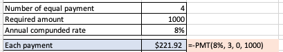 Number of equal payment Required amount 1000 Annual compunded rate 8% $221.92PMT(8%, 3, 0, 1000) Each payment