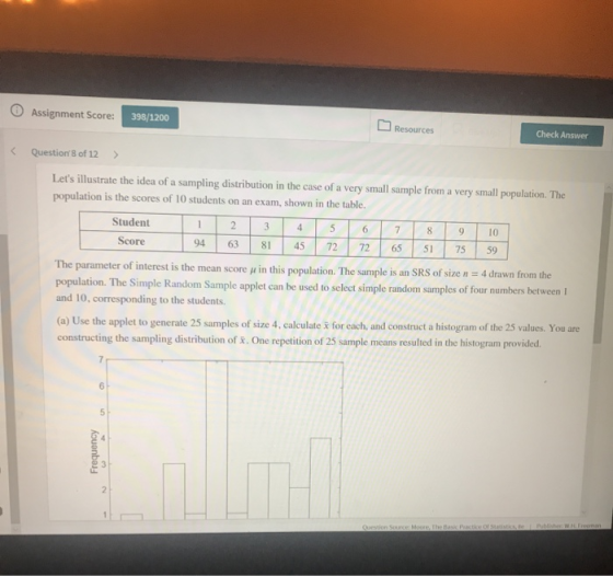 Assignment Score: 398/1200 Resources Check Answer Question8 of 12 Lets illustrate the idea of a sampling distribution in th