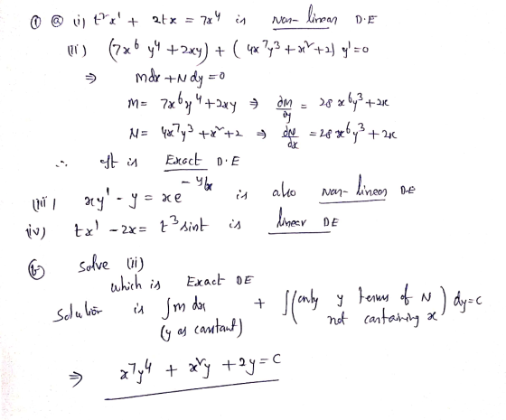 О @ Uİ ) p:/十at x = 7a y ờ Nea-Krma, D.E 3 Solve kch is Exact