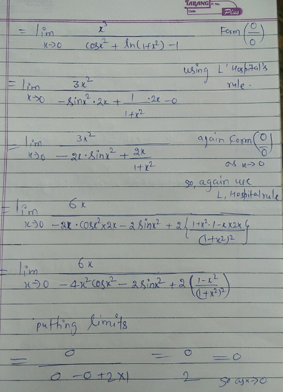 TARANG P No. Date Form Cos using LMeshials Yule 3 x Lim -sin a 2x-O Itx2 ajain Form(0 3K Itx2 again So L, Hoshital rale I+2.