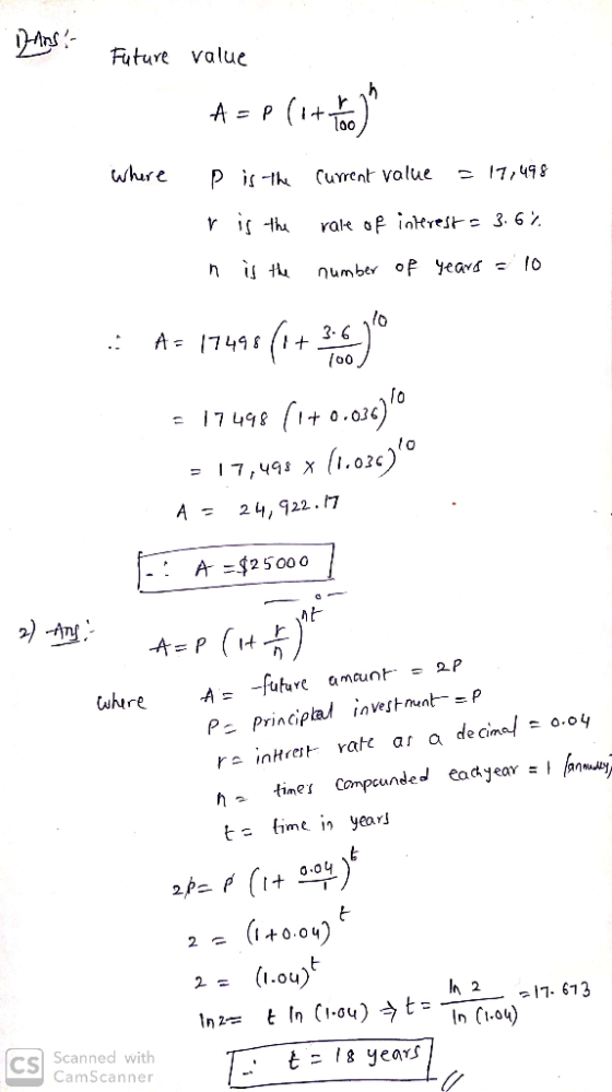 Fture value loo whre /o 3-6 Jo 7 498 0.034 24, 922· A= A $2 5000 İnvesHunt--p Principal , 2., z 17. 673 t 1η (1.ay)今t=ー1,. Cl