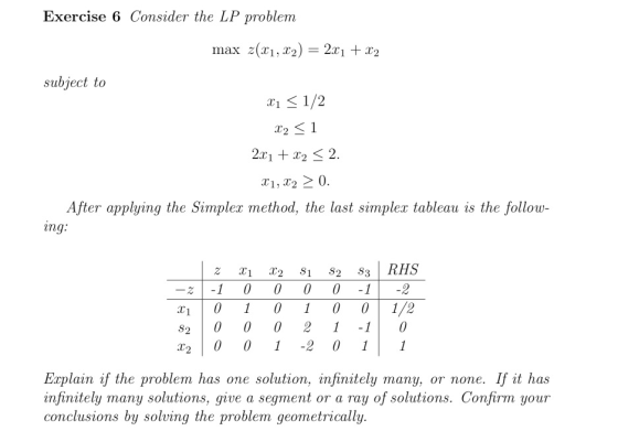 Exercise 6 Consider the LP problem subject to 1 1/2 T2 S1 2 2. 1, 0. After applying the Simplex method, the last simplex tabl