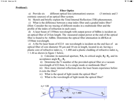 11:14 AM Wed Jun 19 71% Problem1: Fiber Optics different optical loss (attenuation) sources a) Provide six extrinsic sources)