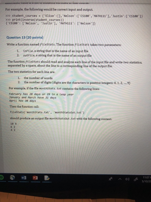 For example, the following would be correct input and output >» student_courses (Elise:[1. Nelson :[cS1e0, MATH111]. Just
