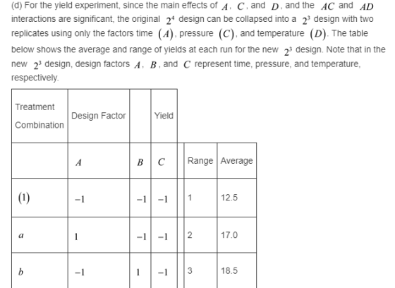 (d) For the yield experiment, since the main effects of A. C.and D, and the Ac and AL interactions are significant, the origi
