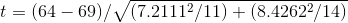 t = ( 64 - 69 ) / \sqrt{ ( 7.2111^{2} / 11) + ( 8.4262^{2} / 14)}