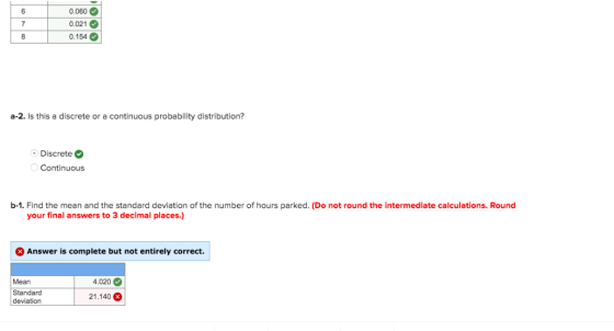 6 0.060 7 0.021 0.154 a-2. Is this a discrete or a continuous probability distribution? Discrete Continuous b-1. Find the mea