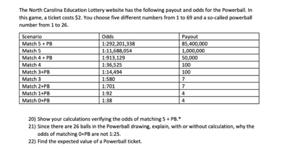 The North Carolina Education Lottery website has the following payout and odds for the Powerball. In this game, a ticket cost