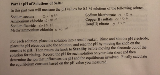Part 1: pH of Solutions of Salts: In this part you will measure the pH values for 0.1 M solutions of the following solutes. S