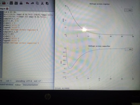Voltage acrass register し0 et し0 : θ.01 :38 ; 812 vr-(((32/3).*exp(-0.25.t))-((8/3).*exp(-t))) Vl-((32/15). ((exp(-t))-ex (-0