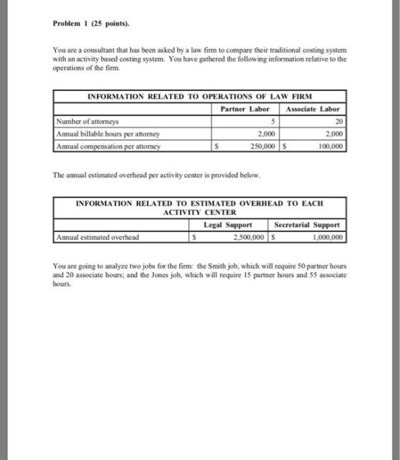 Problem 1 (25 points) You are a consultant that has been asked by a law firm to compare their traditional costing system with