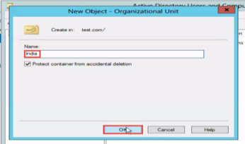 New Object Organizational Unit Name Protect contaver from aceidertal deletion Cancel