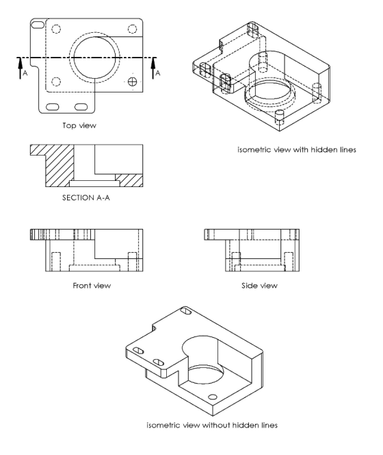 Top view isometric view with hidden lines SECTION A-A LJl Front view Side view 3S isometric view without hidden lines