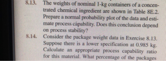 The weights of nominal 1-kg containers of a concen- trated chemical ingredient are shown in Table 8E.2. Prepare a normal prob