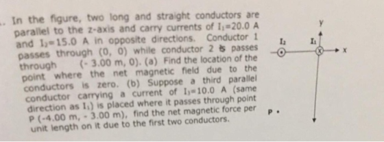 . In the figure, two long and straight conductors are parallel to the z-axis and carry currents of 1 -20.0A and 1 15.0 A in o