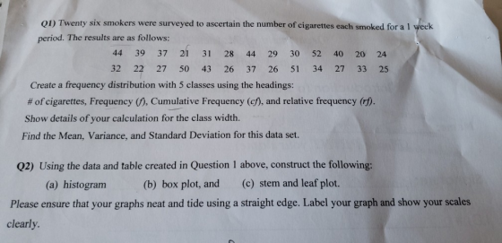 Q1) Twenty six smokers were surveyed to ascertain the number of cigarettes each smoked for a 1 weelk period. The results are