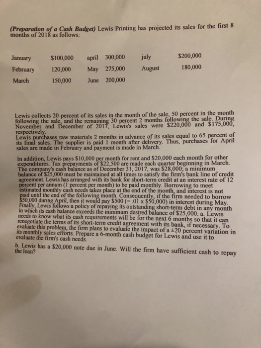 Preparation of a Cash Budget) Lewis Printing has projected its sales for the first 8 $200,000 January $100,000 april 300,000