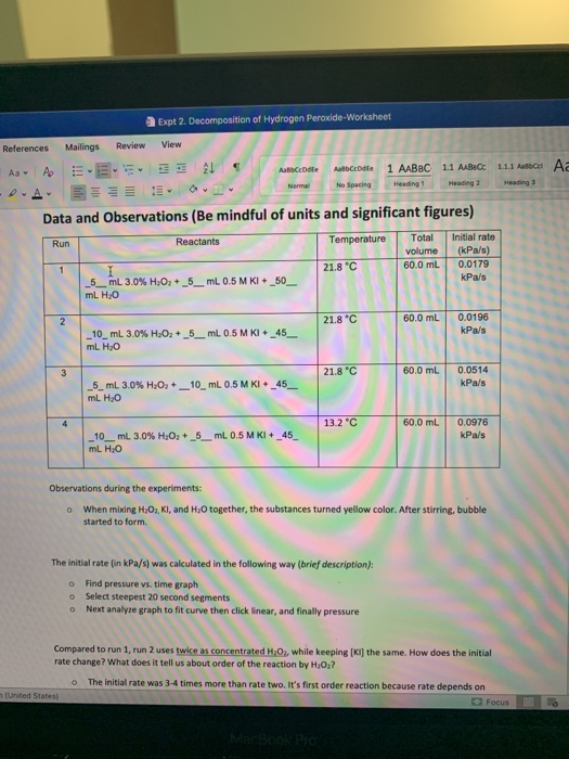 Expt 2. Decomposition of Hydrogen Peroxide-Worksheet View Review Mailings References Aa 1 AABBC 1.1 AABBCc 1.1.1 AatbCcl Aabb