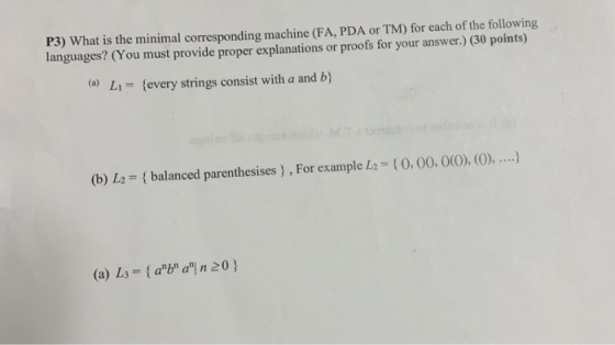P3) What is the minimal corresponding machine (FA, PDA or TM) for each of the following languages? (You must provide proper e